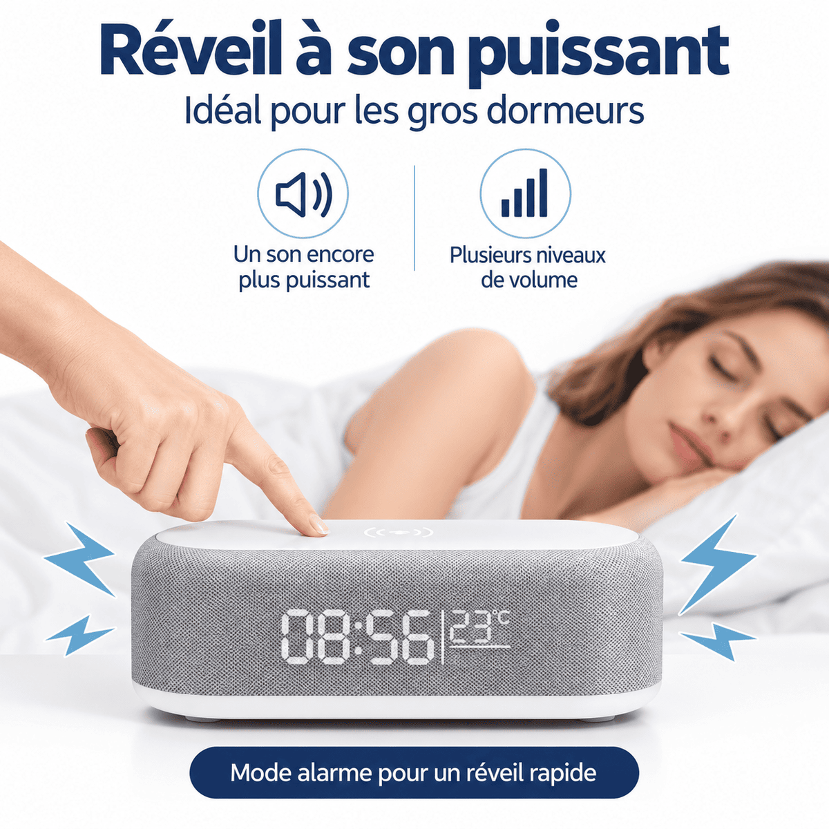 Réveil à induction triple alarme avec son puissant et plusieurs niveaux de volume pour gros dormeurs