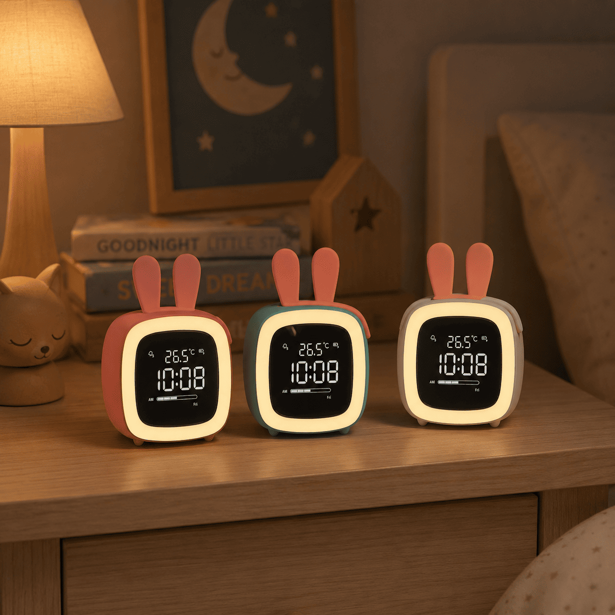 Réveils lapin veilleuse bleu, blanc et rose dans une chambre d’enfant