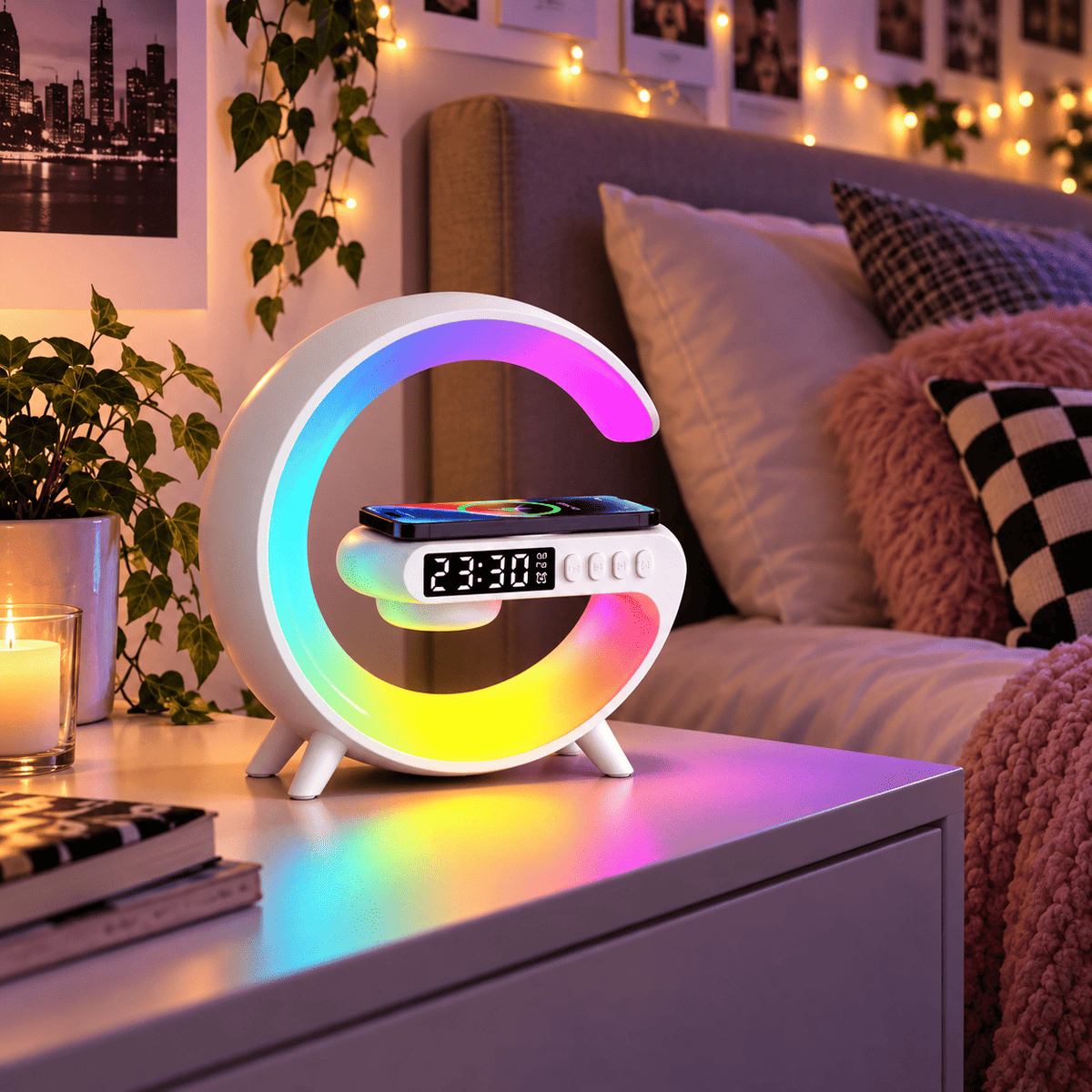 Réveil lumineux connecté blanc avec éclairage multicolore et chargeur sans fil dans une chambre