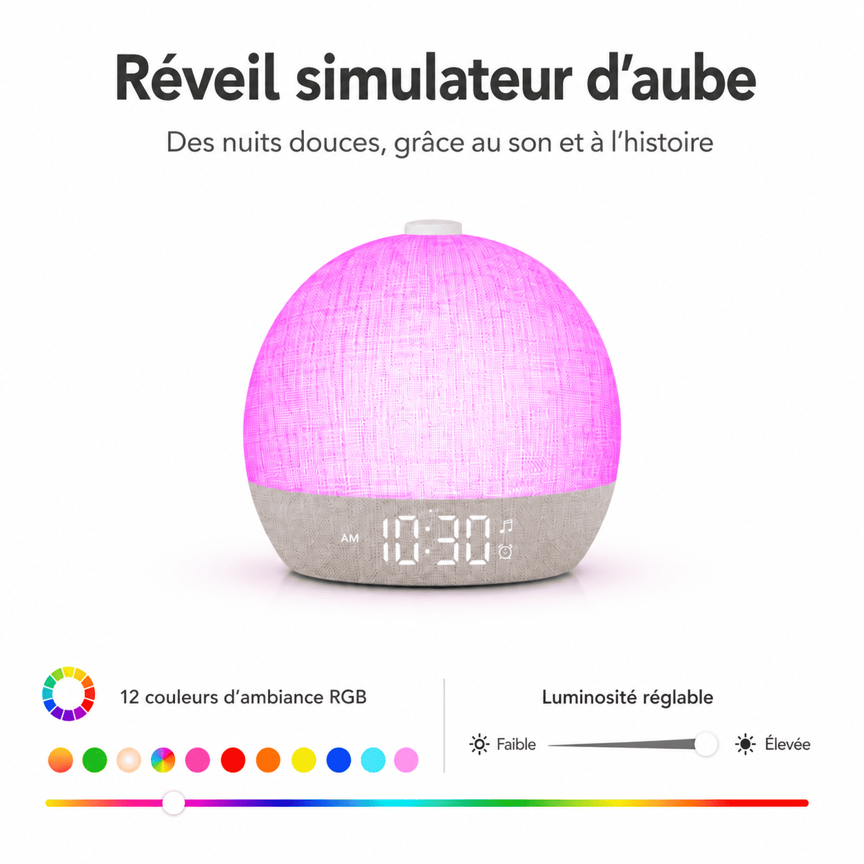 Réveil simulateur d'aube enfant 12 couleurs d'ambiance - monreveil.com