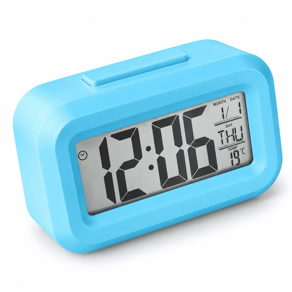 Réveil digital enfant bleu avec grands chiffres et écran LCD affichant heure, date et température