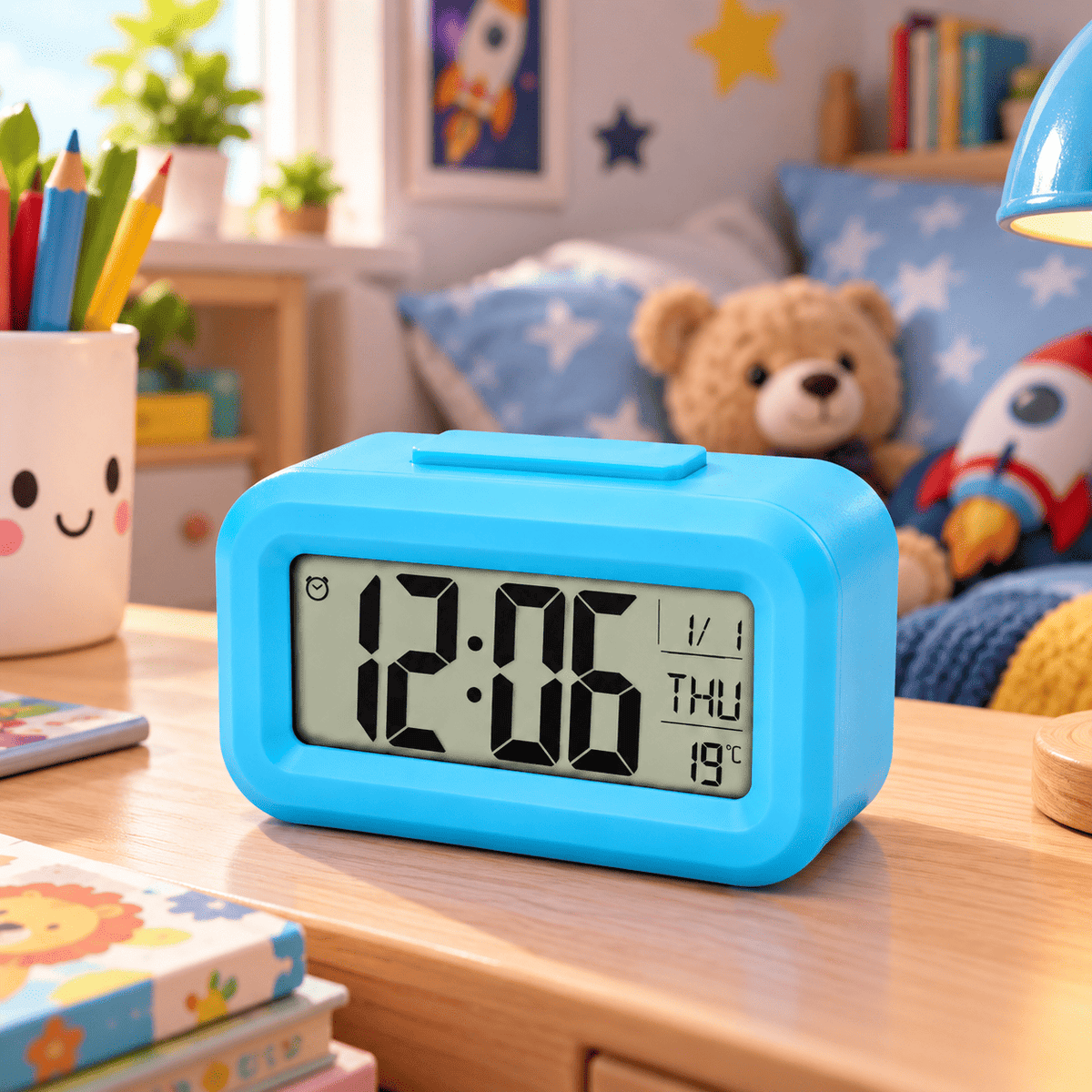 Réveil numérique enfant bleu avec grand écran lisible affichant heure, jour et température