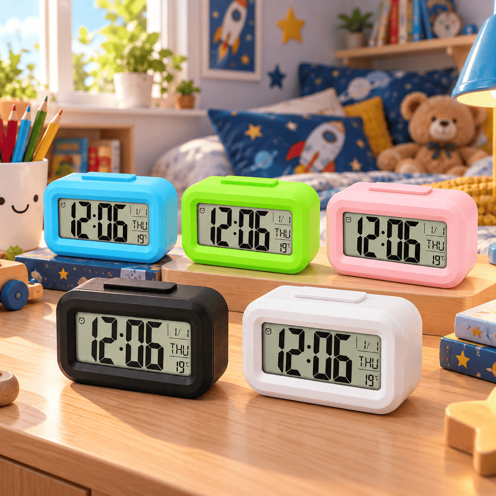 Cinq coloris du réveil numérique enfant avec écran LCD à grands chiffres