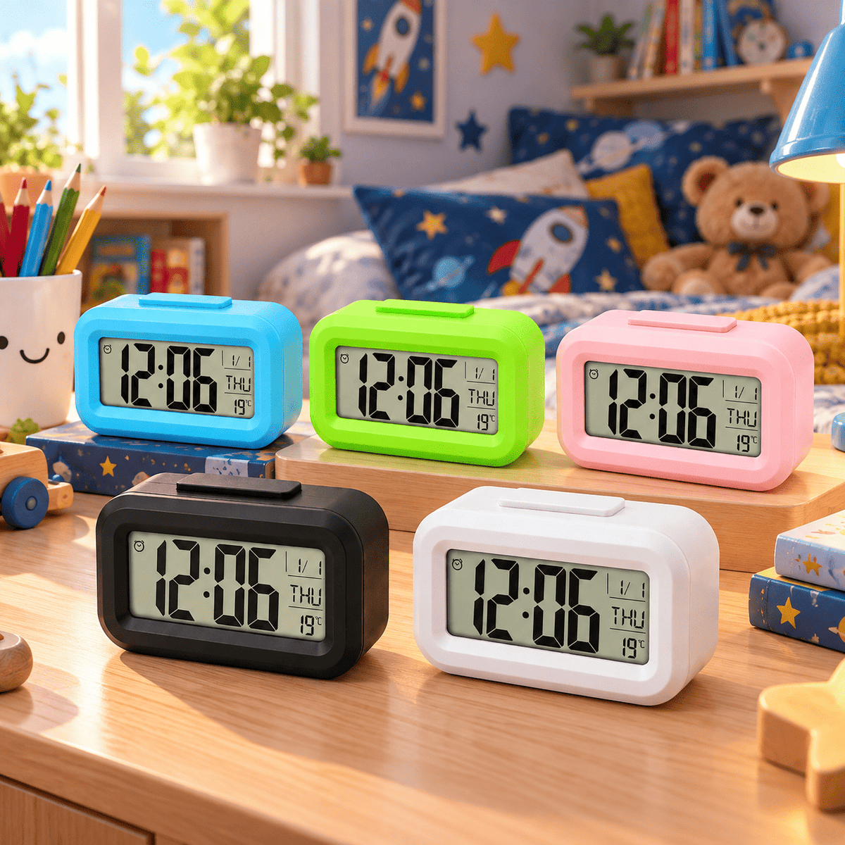 Cinq coloris du réveil numérique enfant avec écran LCD à grands chiffres