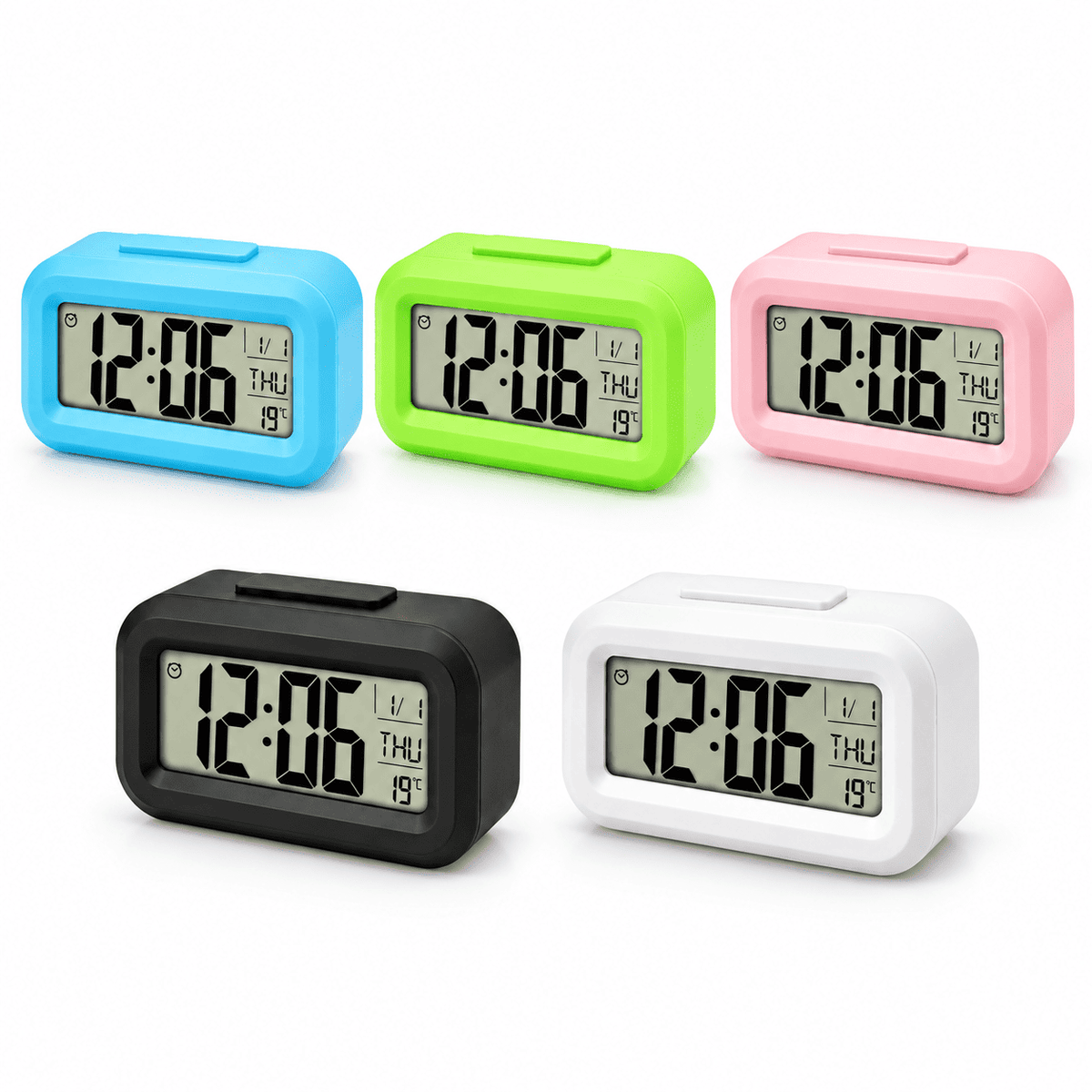 Réveil numérique enfant en bleu, vert, rose, noir et blanc avec affichage LCD à grands chiffres