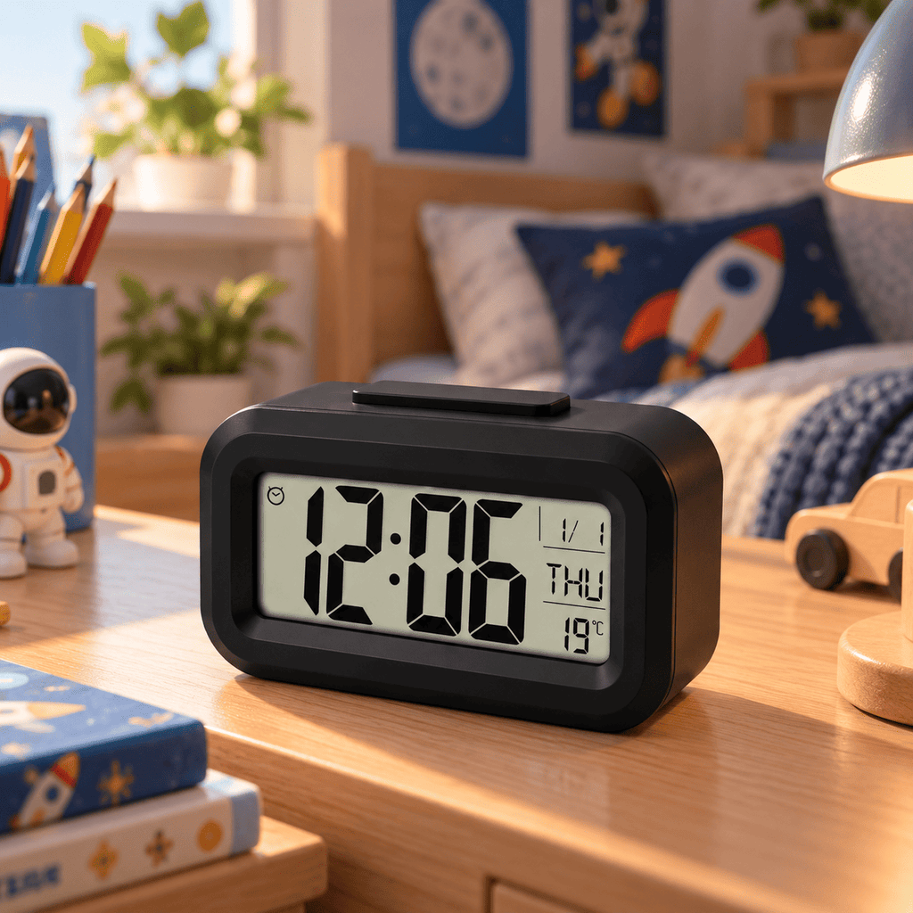 Réveil numérique enfant noir avec grand écran affichant l’heure, la date et la température