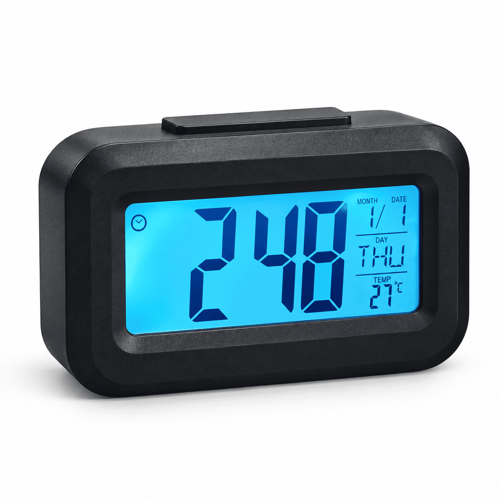Réveil numérique enfant noir avec grand écran LCD rétroéclairé bleu