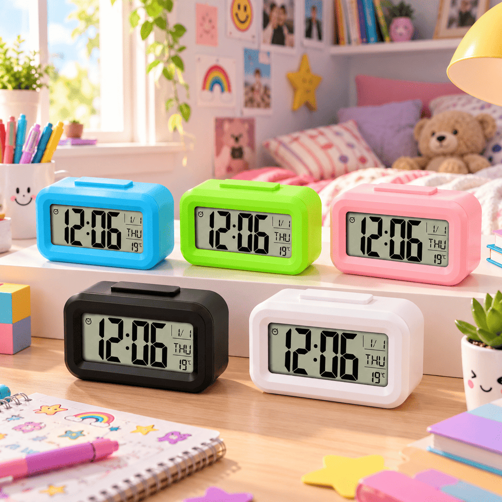Réveil numérique enfant disponible en bleu, vert, rose, noir et blanc avec grand affichage