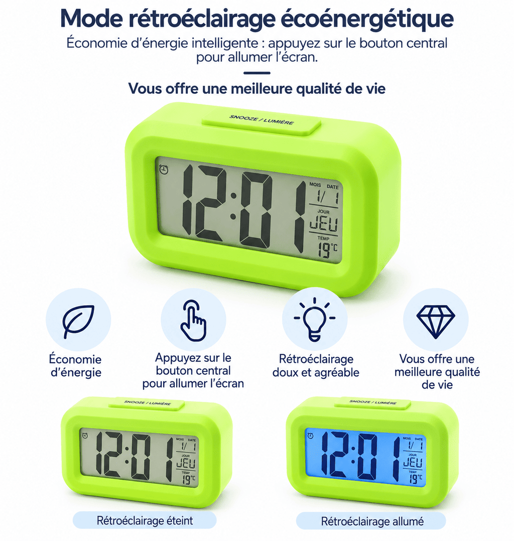 Réveil numérique enfant avec rétroéclairage bleu écoénergétique activé par le bouton snooze