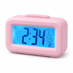 Réveil numérique enfant rose avec écran rétroéclairé bleu, date et température