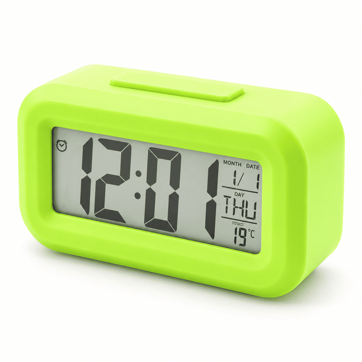 Réveil numérique enfant vert avec grand affichage LCD et bouton snooze sur le dessus