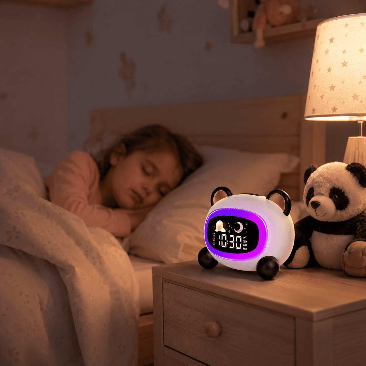 Réveil panda veilleuse jour nuit dans chambre d'enfant - monreveil.com
