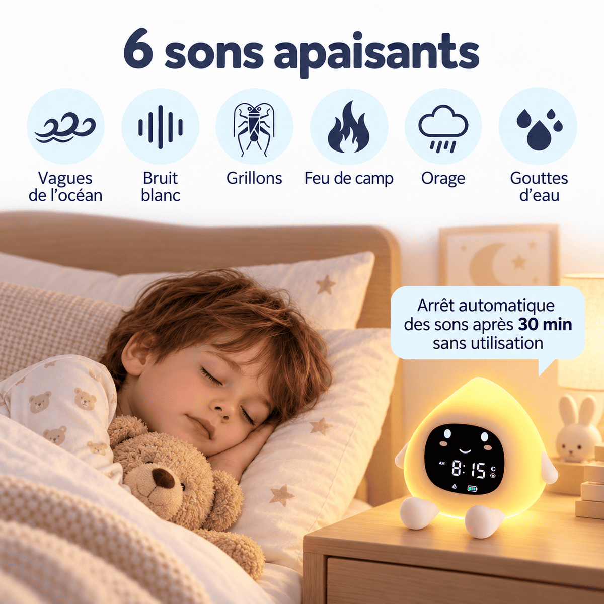 Réveil pêche jour nuit bruit blanc avec 6 sons apaisants