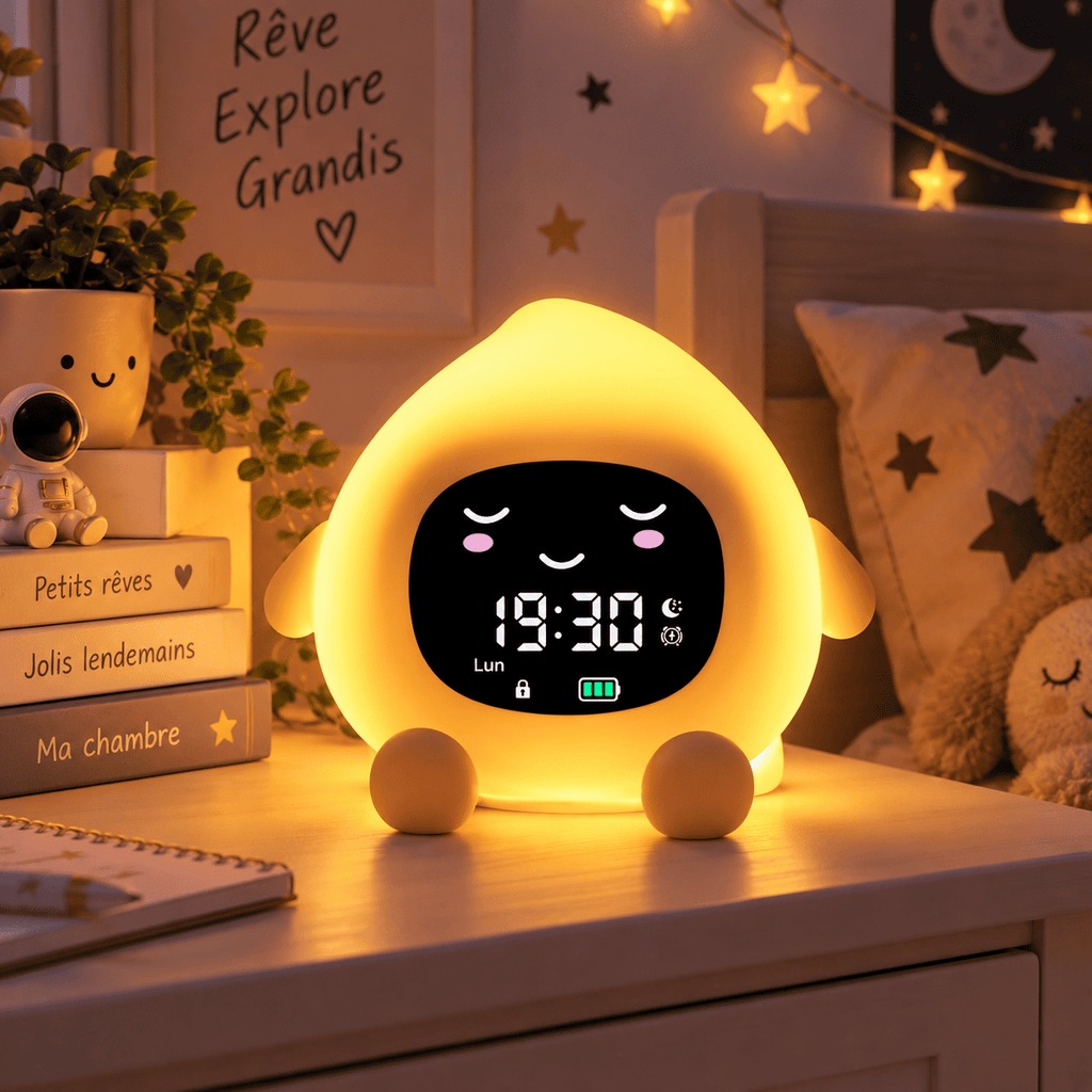 Réveil pêche jour nuit sur une table de nuit, dans une chambre d'enfant 