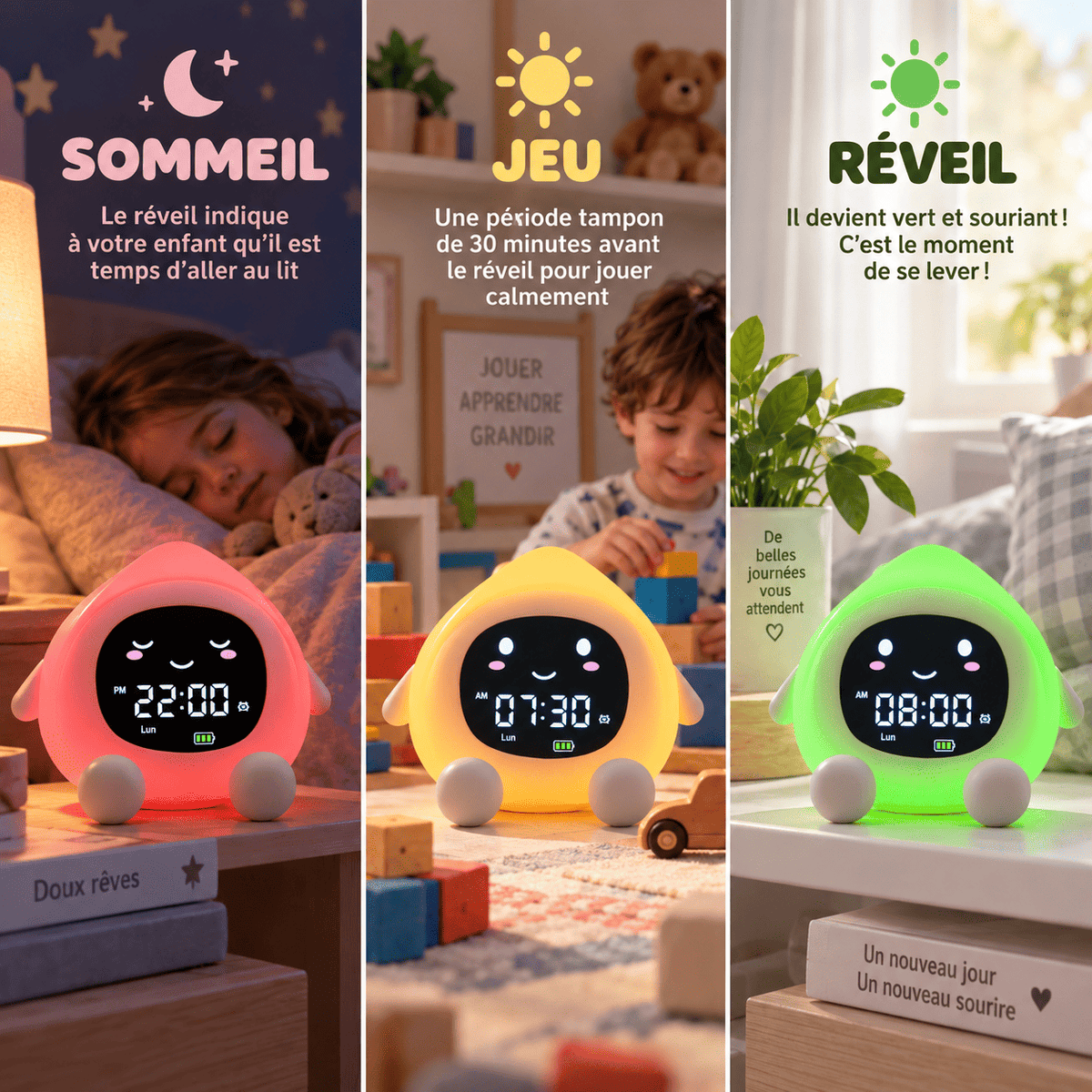 Réveil pêche jour nuit avec 3 modes : mode sommeil, mode jeu, mode réveil 