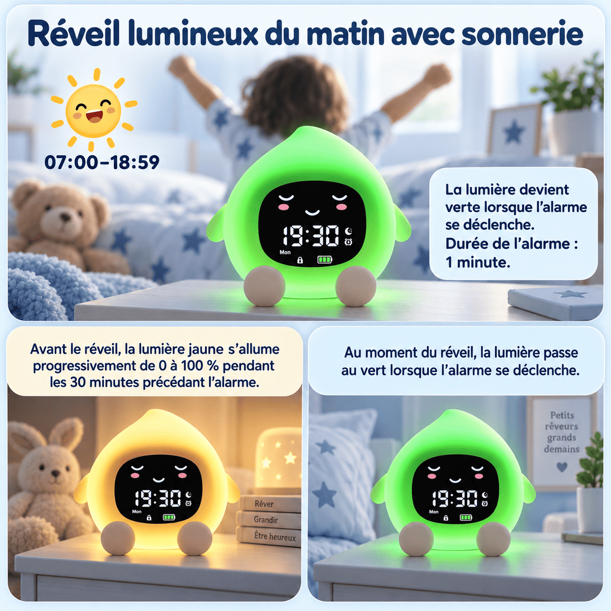 Réveil pêche jour nuit avec sa sonnerie et sa lumière verte pour le réveil