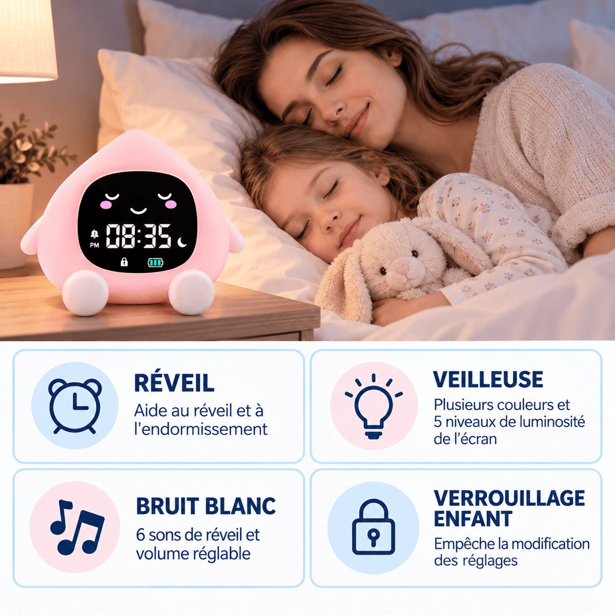 Réveil pêche jour nuit veilleuse, bruit blanc