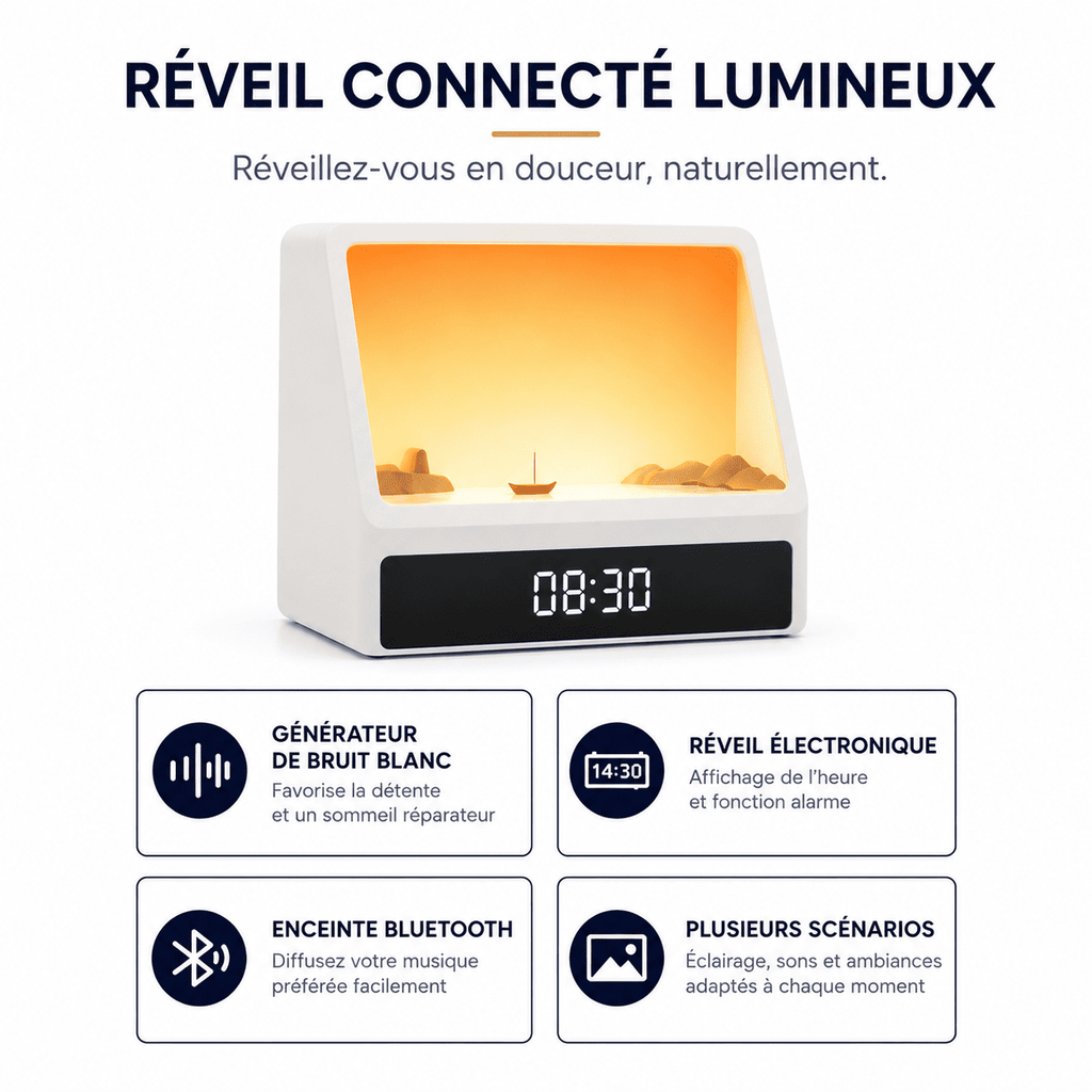 réveil couché de soleil électronique avec plusieurs scénarios lumineux - monreveil.com