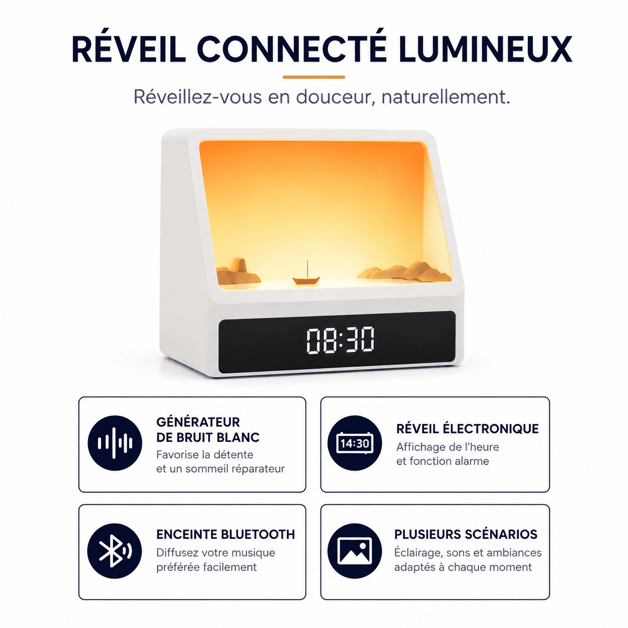 réveil couché de soleil électronique avec plusieurs scénarios lumineux - monreveil.com