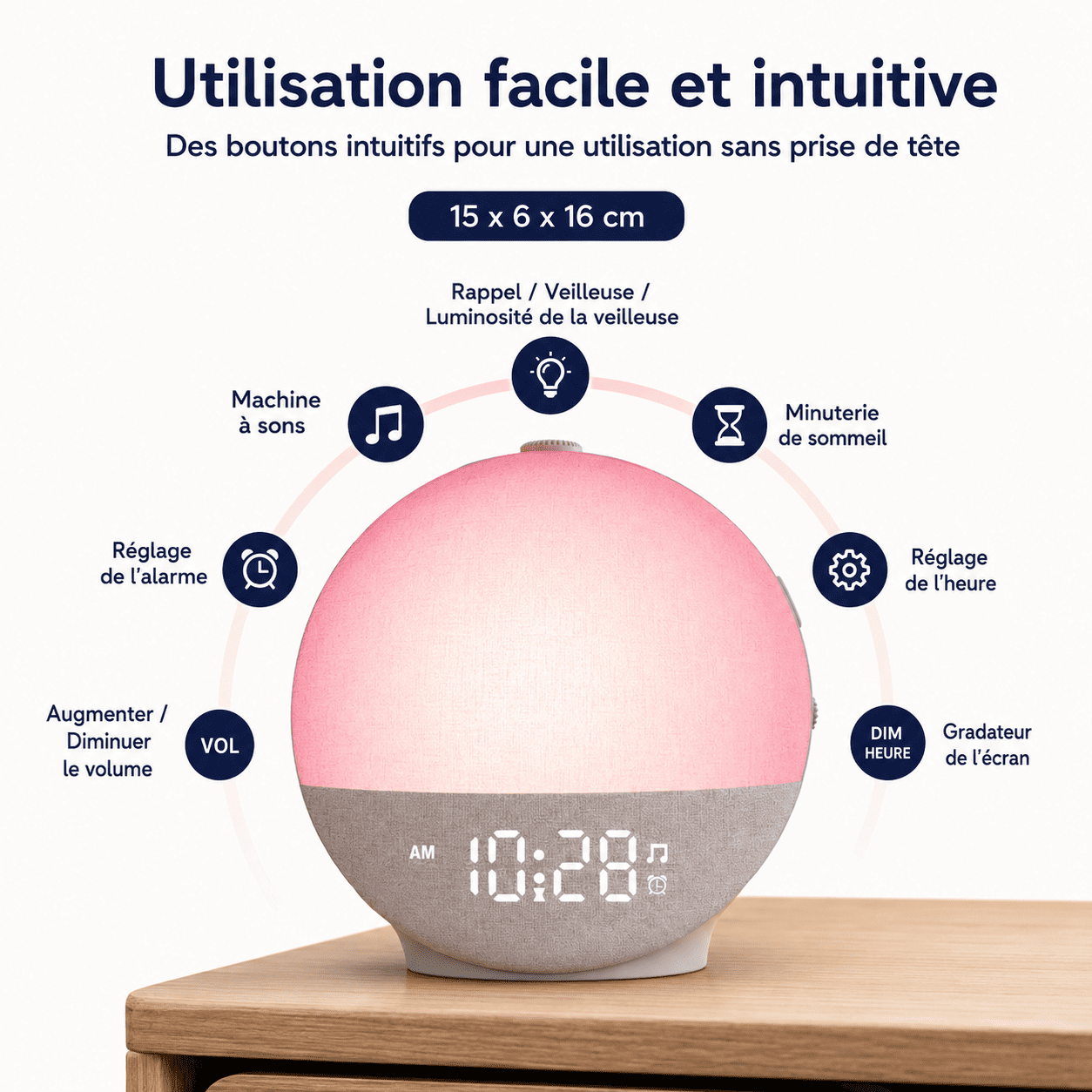 réveil simulateur d'aube avec taille du produit, machine à sons, réglage, minuterie, alarme sur fond blanc - monreveil.com