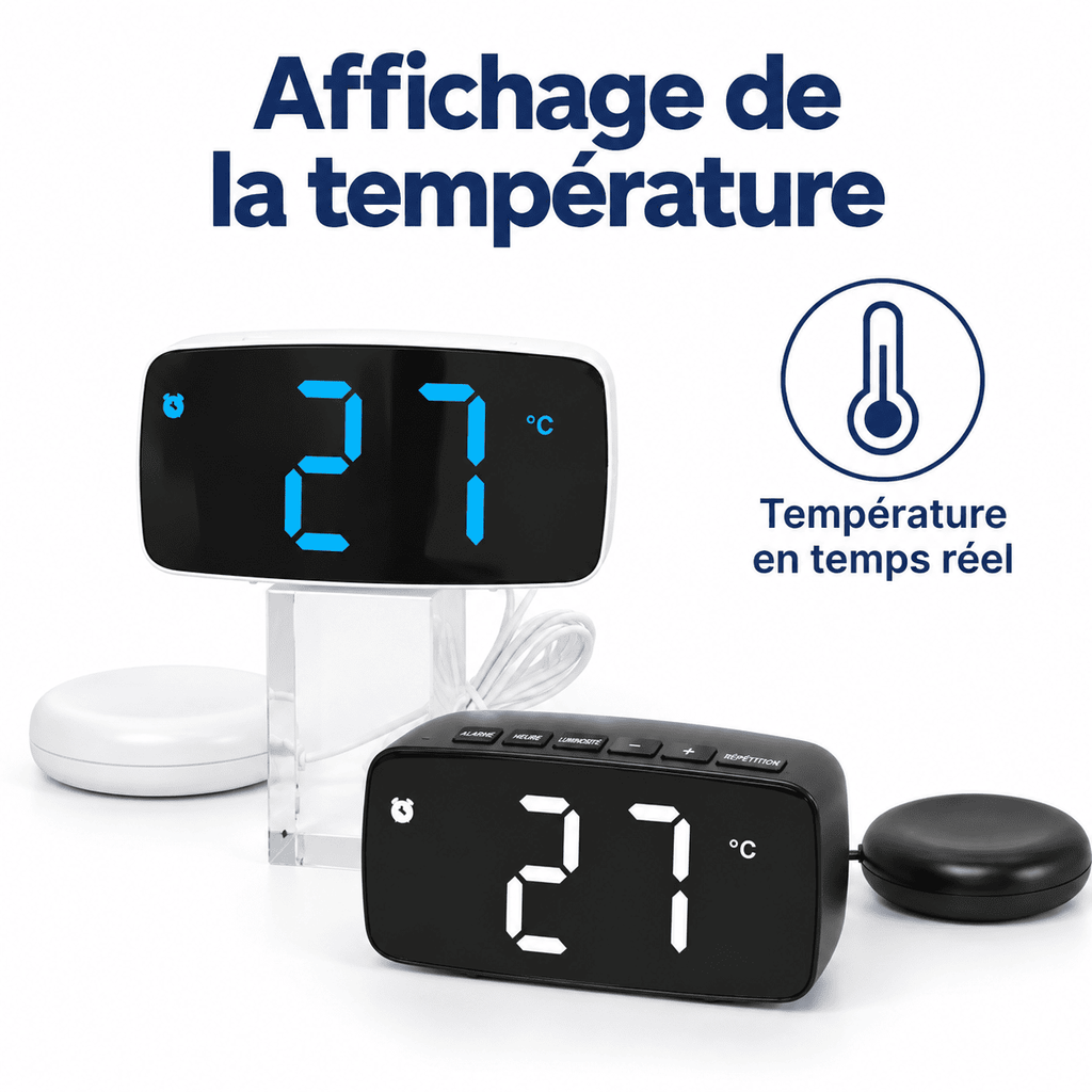 Réveil vibrant affichant la température ambiante en temps réel sur son écran numérique