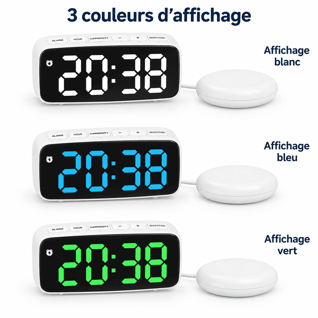 3 Réveils vibrant blanc : affichage blanc, affichage bleu et affichage vert