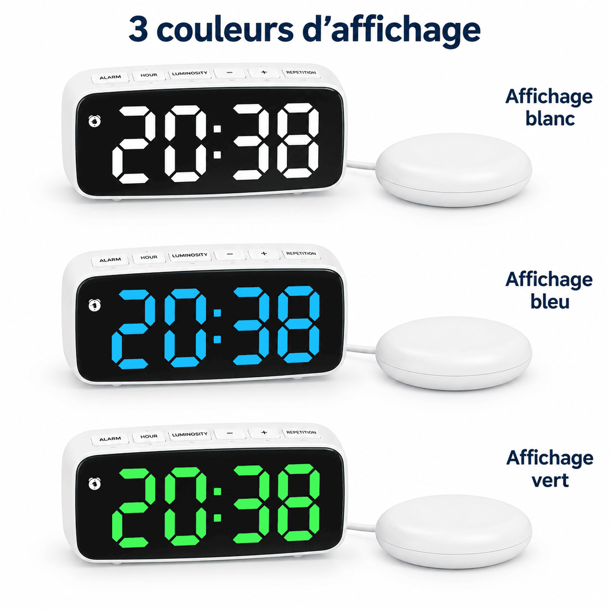 3 Réveils vibrant blanc : affichage blanc, affichage bleu et affichage vert