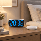 Réveil vibrant blanc avec affichage LED bleu et coussin vibrant blanc sur une table de nuit