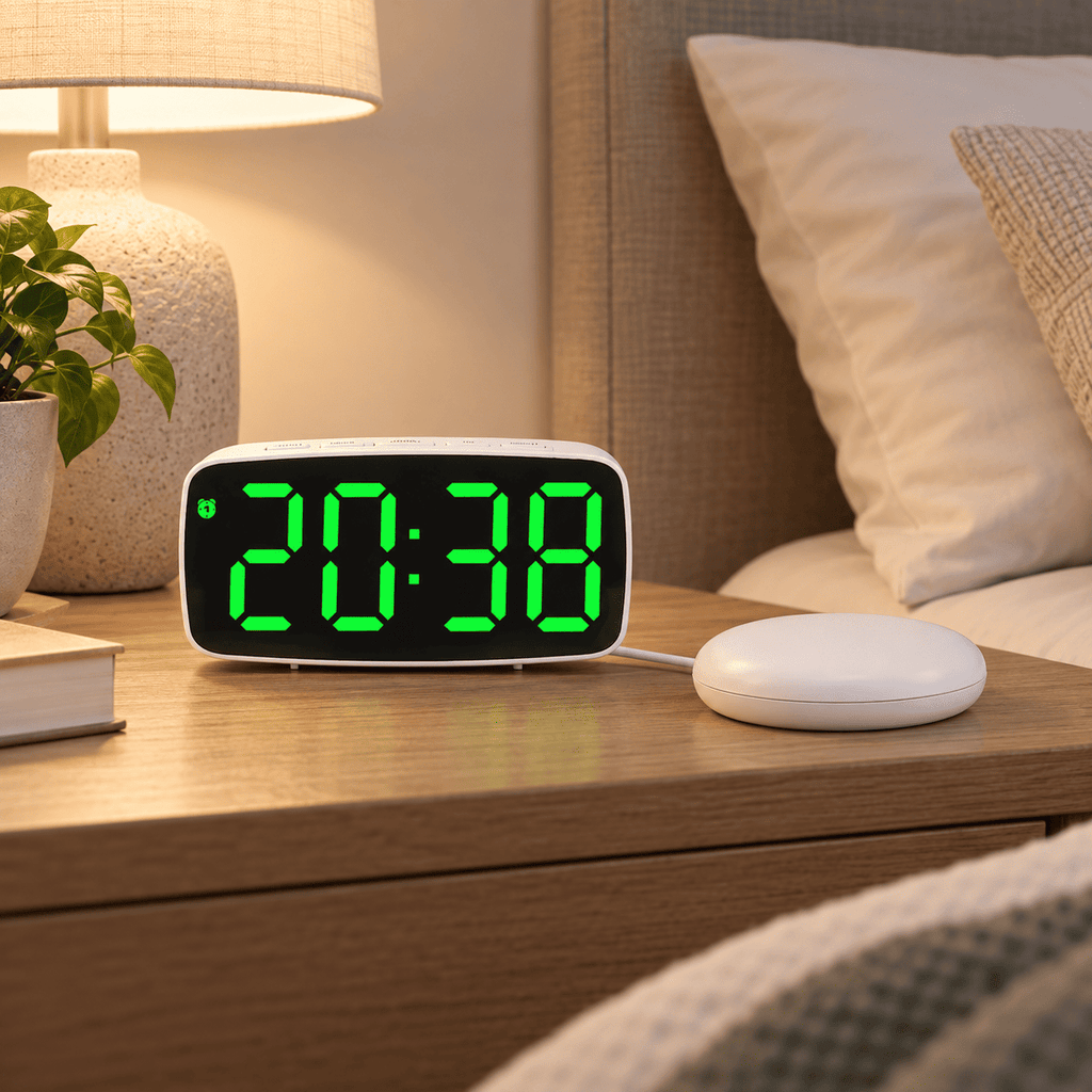 Réveil vibrant blanc avec affichage LED vert et coussin vibrant blanc dans une chambre