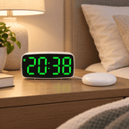Réveil vibrant blanc avec affichage LED vert et coussin vibrant blanc dans une chambre