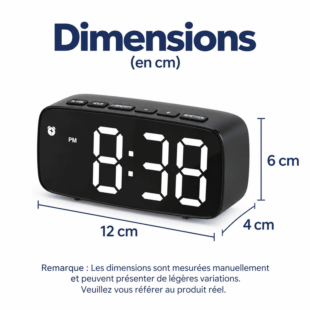 Dimensions du réveil vibrant : 12 cm de largeur, 6 cm de hauteur et 4 cm de profondeur