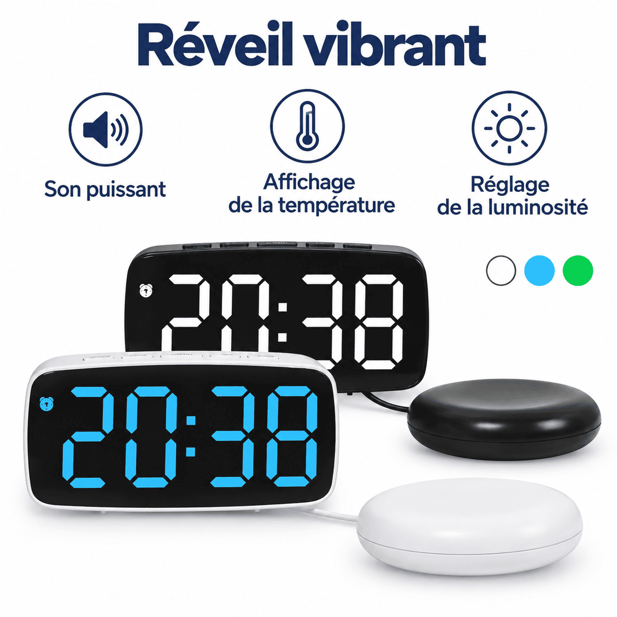 Fonctions du réveil vibrant avec son puissant, affichage de la température et réglage de la luminosité