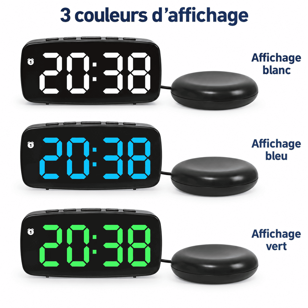 3 Réveils vibrant noir : affichage blanc, affichage bleu et affichage vert