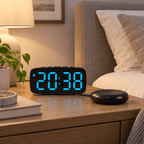 Réveil vibrant noir avec affichage numérique bleu et coussin vibrant relié par câble