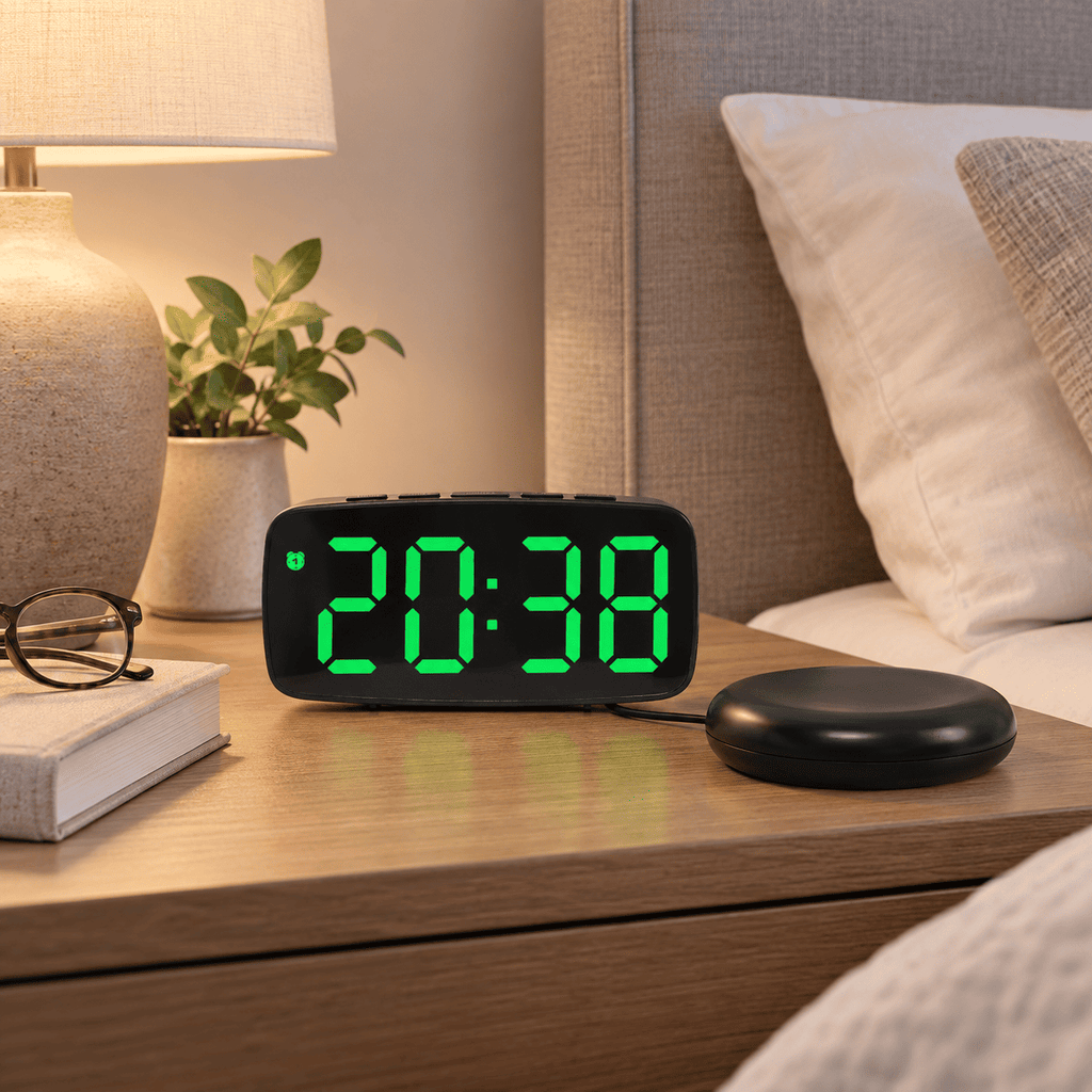 Réveil vibrant noir avec grands chiffres verts et coussin vibrant posé sur une table de nuit