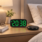 Réveil vibrant noir avec grands chiffres verts et coussin vibrant posé sur une table de nuit