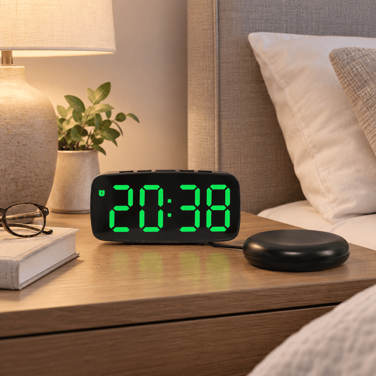Réveil vibrant noir avec grands chiffres verts et coussin vibrant posé sur une table de nuit