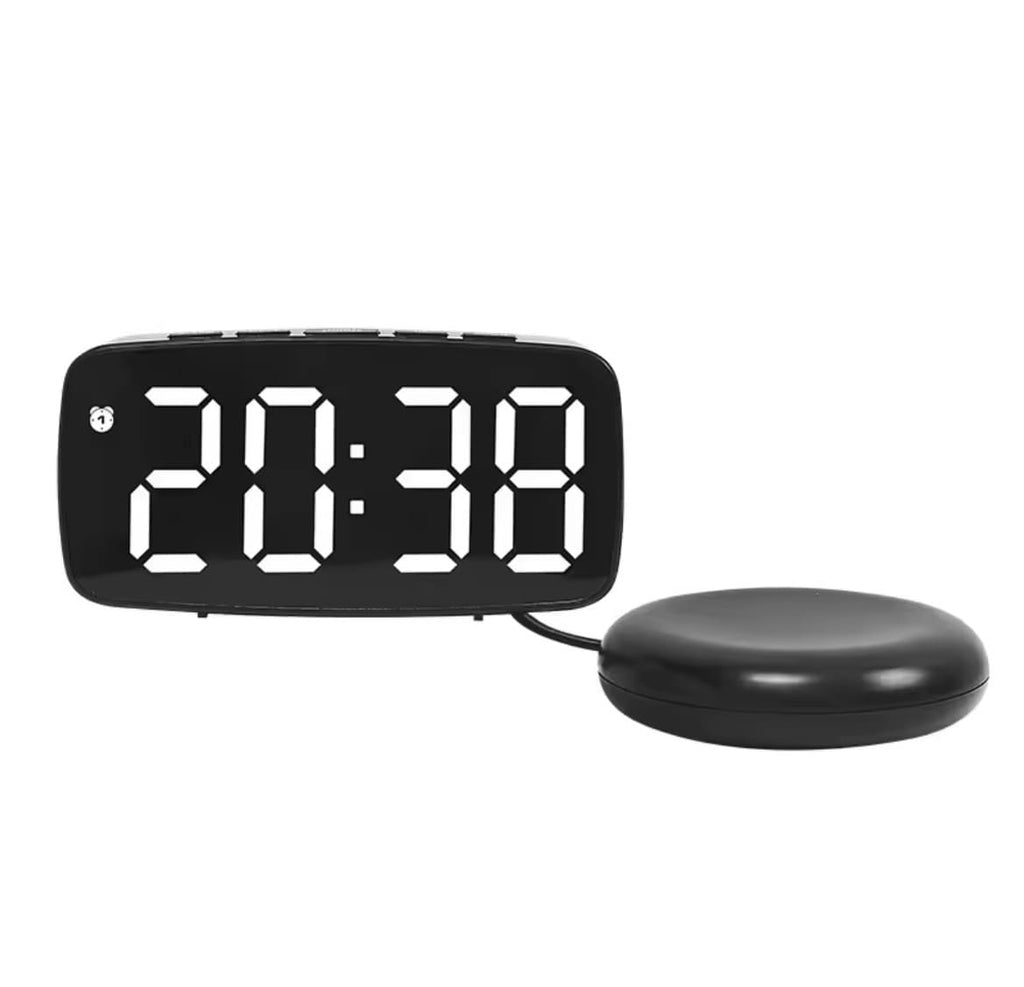Réveil vibrant noir avec affichage LED blanc et coussin vibrant noir relié au réveil