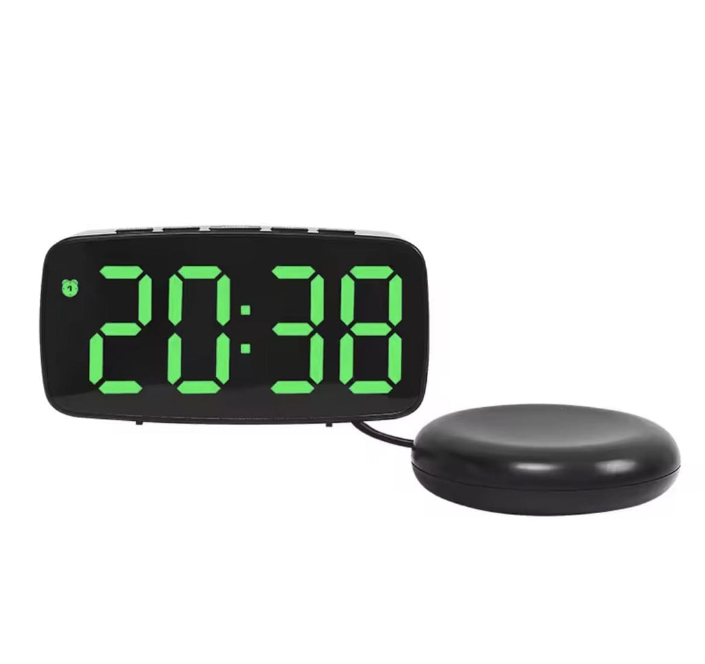 Réveil vibrant noir avec affichage numérique vert et coussin vibrant externe