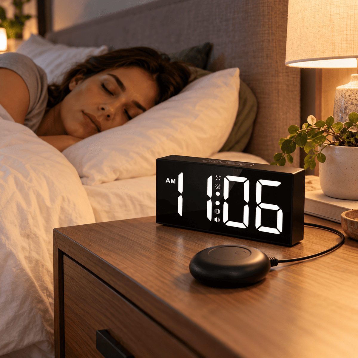 Réveil vibrant pour sourd avec coussin vibrant installé près du lit sur une table de chevet