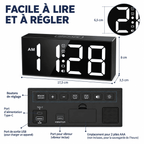 Réveil vibrant pour sourd avec grand affichage numérique, boutons de réglage et connectiques arrière
