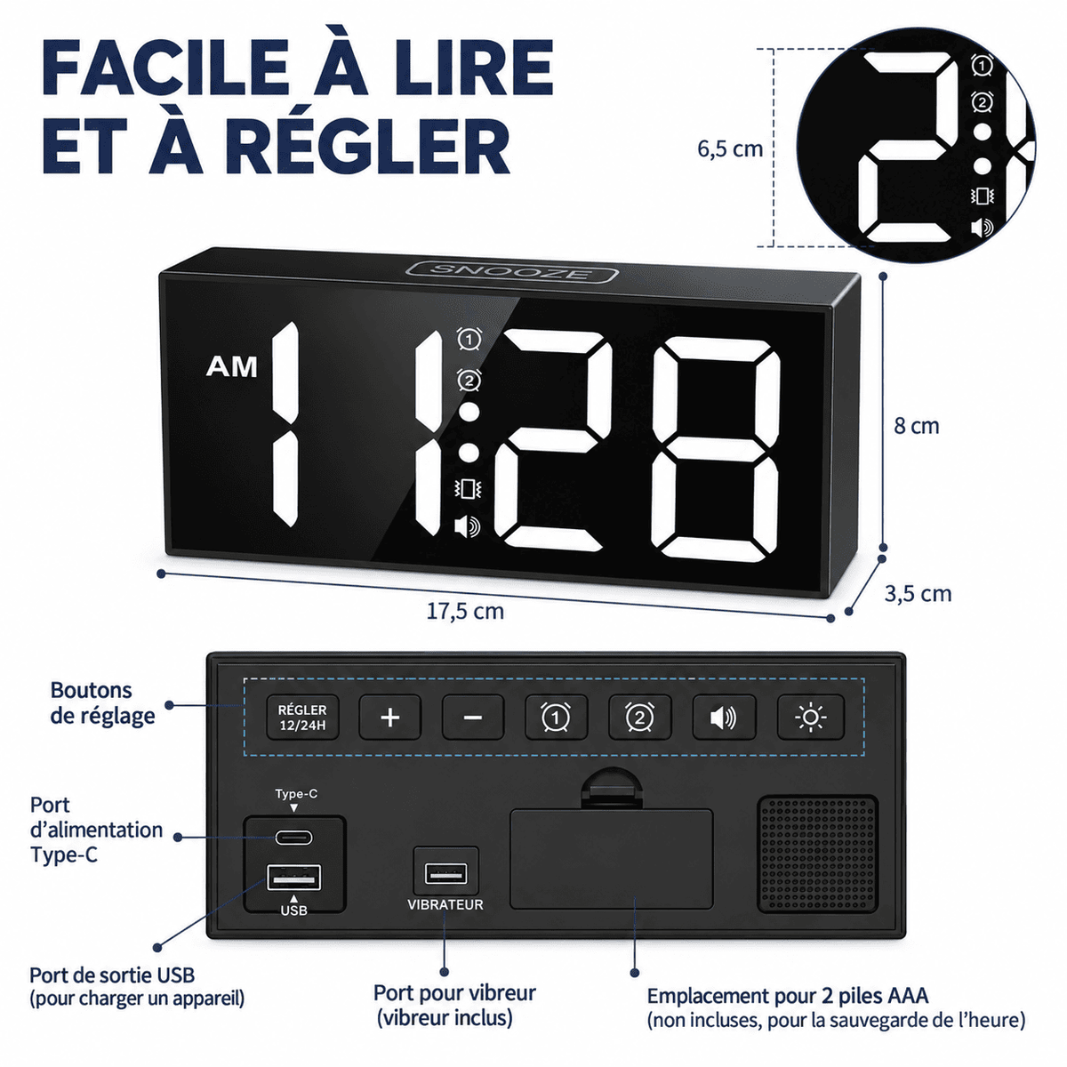 Réveil vibrant pour sourd avec grand affichage numérique, boutons de réglage et connectiques arrière