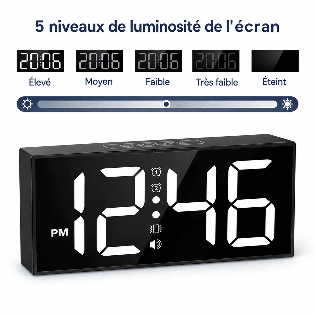 Réveil vibrant pour sourd avec grand écran numérique et cinq niveaux de luminosité réglables