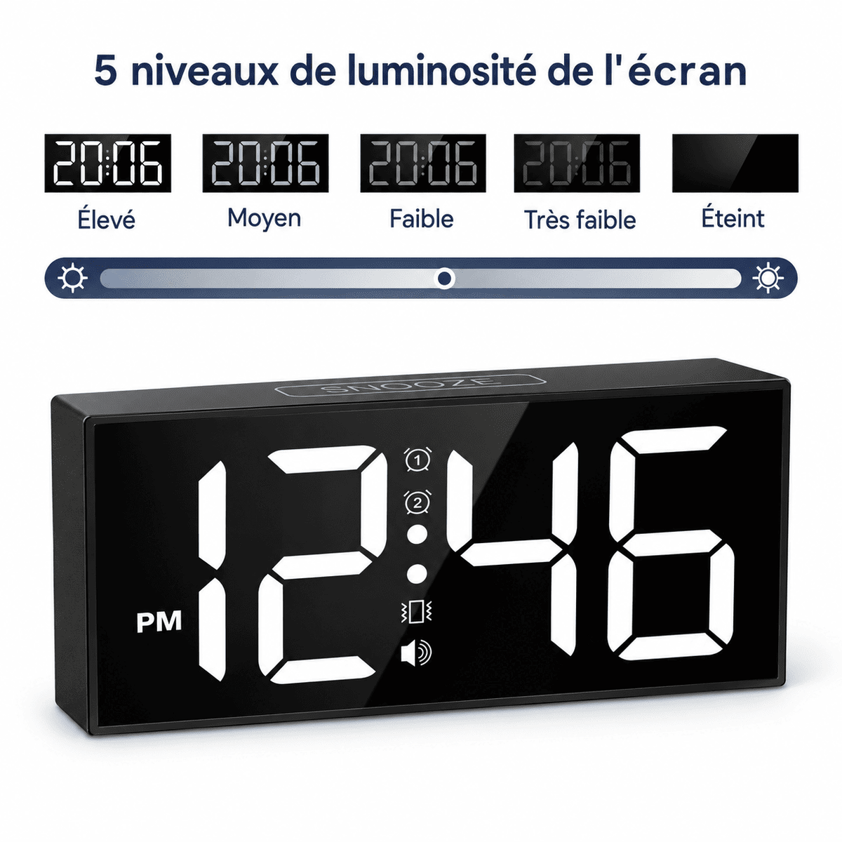 Réveil vibrant pour sourd avec grand écran numérique et cinq niveaux de luminosité réglables