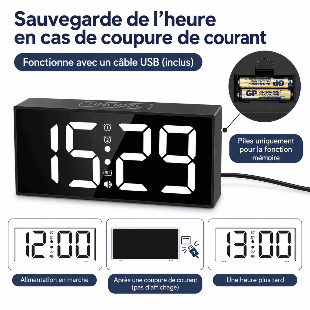 Réveil vibrant pour sourd avec fonction mémoire permettant de conserver l’heure en cas de coupure de courant