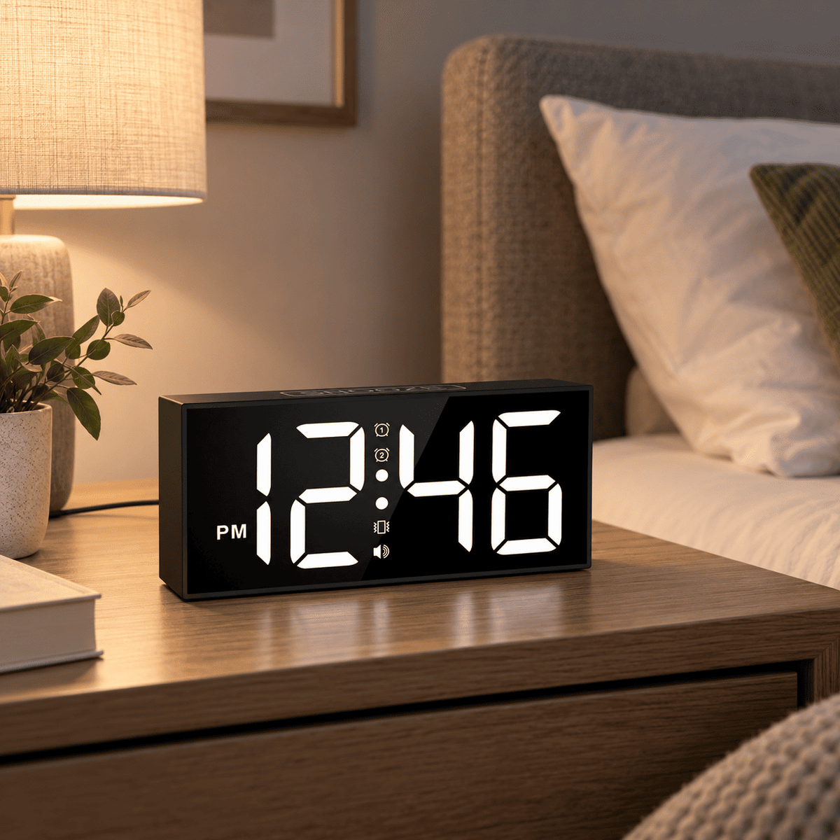 Réveil vibrant pour sourd à grands chiffres posé sur une table de chevet dans une chambre