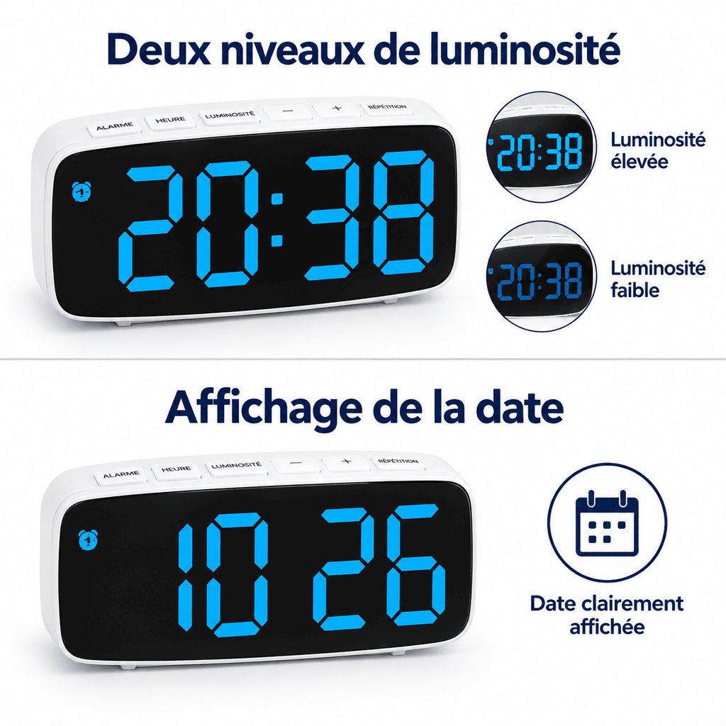 Réveil vibrant avec deux niveaux de luminosité et fonction d’affichage de la date