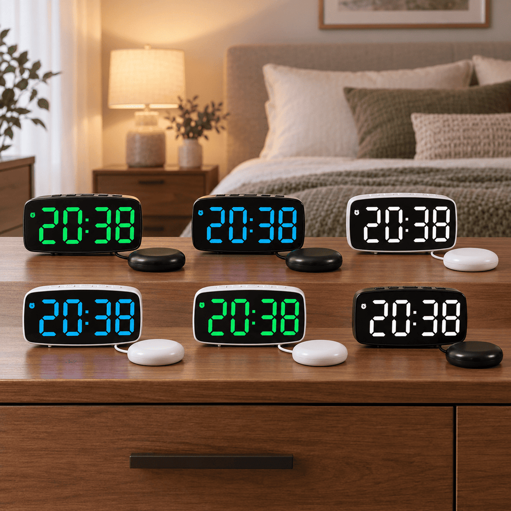Plusieurs réveils vibrants noirs et blancs avec affichages vert, bleu et blanc dans une chambre
