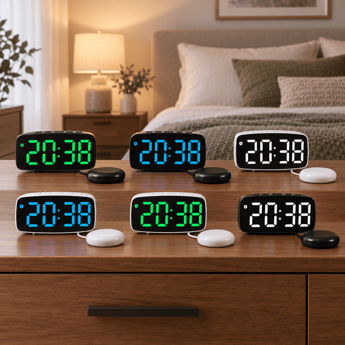 Plusieurs réveils vibrants noirs et blancs avec affichages vert, bleu et blanc dans une chambre